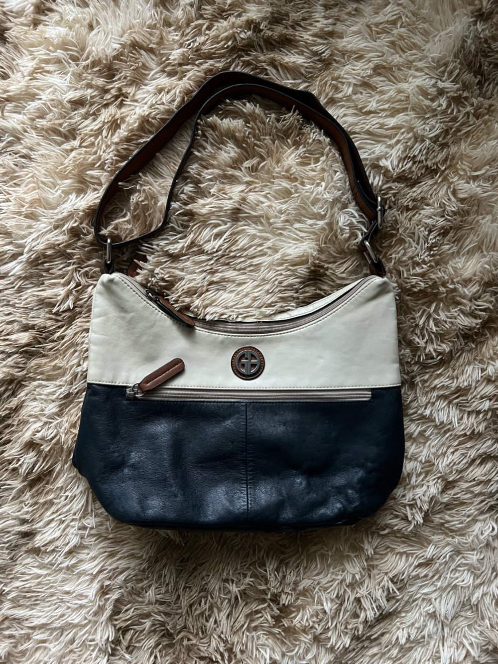 Giani Bernini Black, Cream and Brown Leather Shoulder Bag